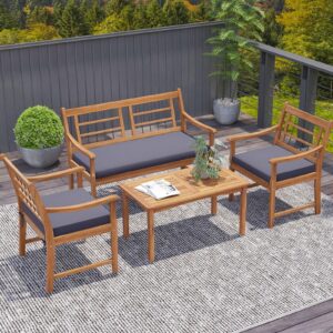 RELAX4LIFE Wood Patio Furniture Set - 4-Piece Outdoor Furniture w/Seat Cushions & Coffee Table, Loveseat Sofa Set for Balcony Porch Deck Poolside Backyard, Acacia Wood Conversation Set (Grey)