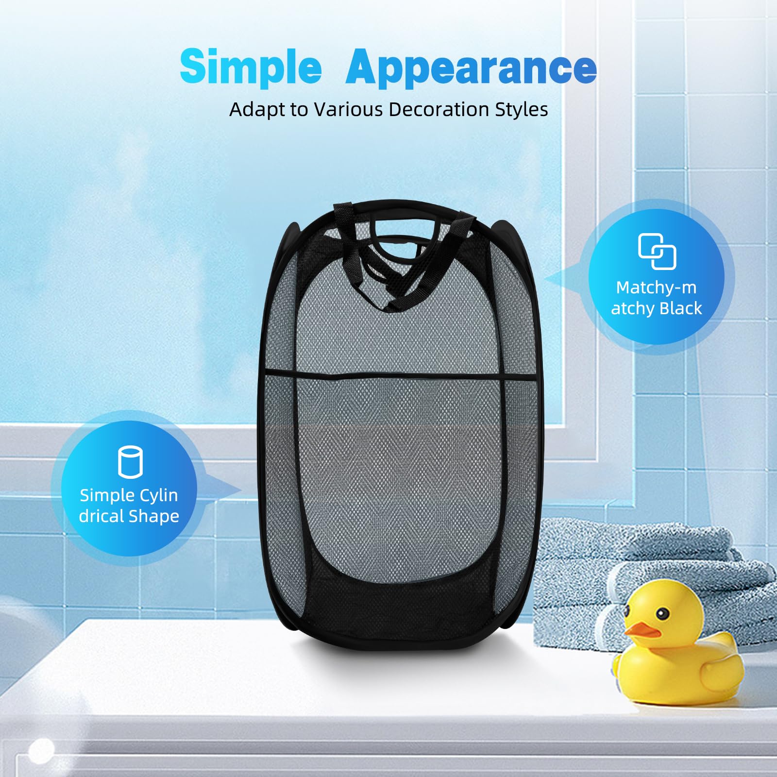 Handy Laundry Collapsible Mesh Foldable Hamper 14" x 14' x 24" with Side Pocket for Laundry Room, Bathroom, Kids Room, College Dorm or Travel Black