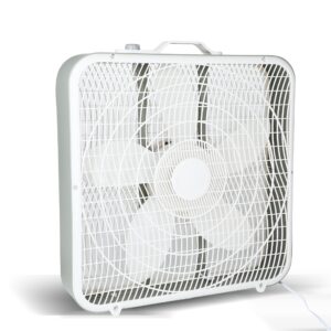 simple deluxe 20” box floor fan, 3-speed cooling fan with aerodynamic shaped fan blades, convenient carry handle and safety grills, white