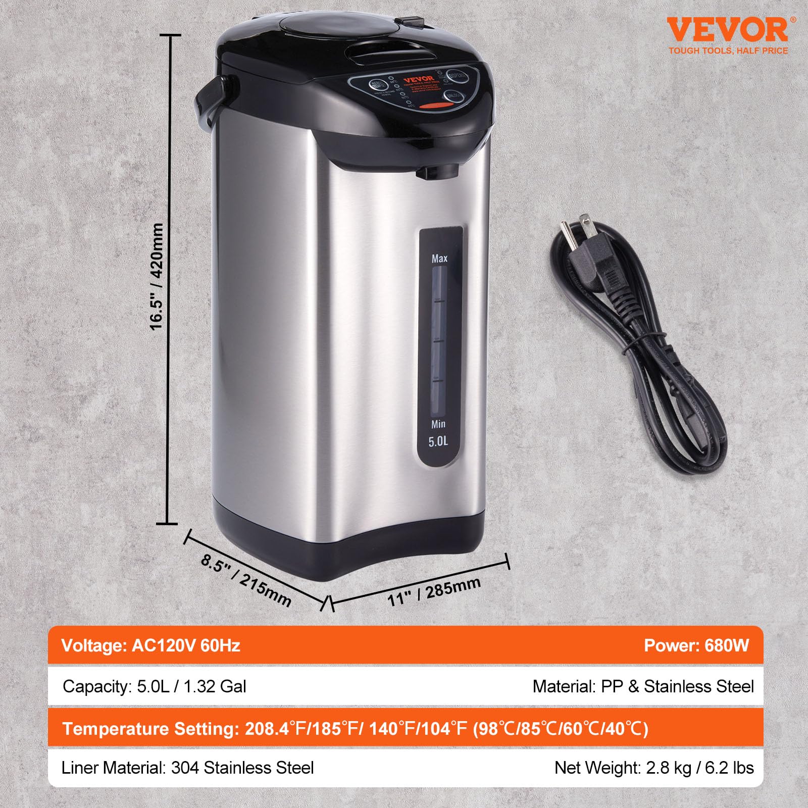 VEVOR Hot Water Dispenser 5.3 Qt/169 oz, Water Boiler and Warmer, 4 Warmer Temperatures, 3-Way to Dispense for Tea, Coffee and Baby Formula