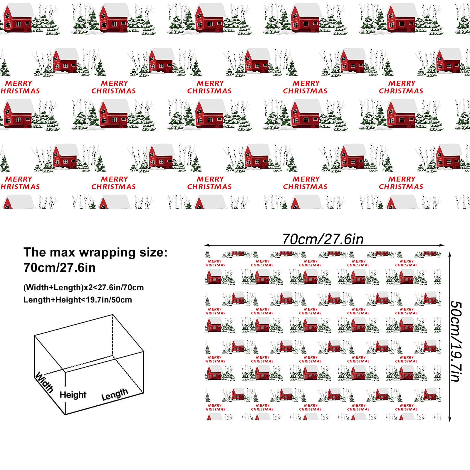 Vnaaem White Christmas Wrapping Paper Red Stripe Snowy Scene House Holiday Style Gift Wrap Paper Bulk for Winter Xmas Birthday Party - 20 X 28 Inches 8 Folded Sheets