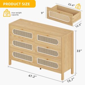 DWVO Natural Rattan 6 Drawer Dressers - Oak Wooden Dresser Chest of Drawers with Golden Handles - Modern Large Closet Boho Dressers Storage Cabinet for Living Room/Hallway/Entryway