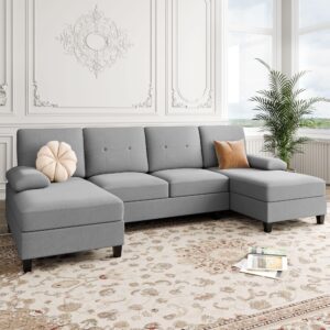 Shintenchi Sectional Couches for Living Room, U Shaped Sofa Couch with Double Chaise, 4-Seat Living Room Furniture Sets with Soft Cushion & Linen Fabric, Light Grey