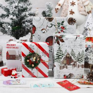 Vnaaem White Christmas Wrapping Paper Red Stripe Snowy Scene House Holiday Style Gift Wrap Paper Bulk for Winter Xmas Birthday Party - 20 X 28 Inches 8 Folded Sheets