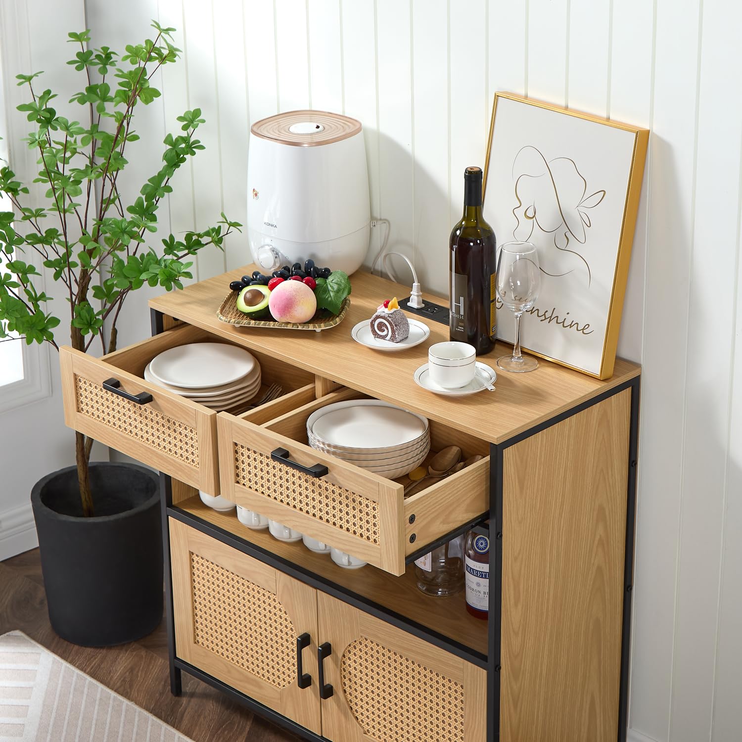 LIDYUK Sideboard Cabinet with Charging Station, Kitchen Storage Cabinet with Rattan Decorated Doors, Cupboard Console Table Sideboard Cabinet for Dining Room Hallway, Natural