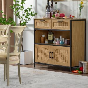 LIDYUK Sideboard Cabinet with Charging Station, Kitchen Storage Cabinet with Rattan Decorated Doors, Cupboard Console Table Sideboard Cabinet for Dining Room Hallway, Natural