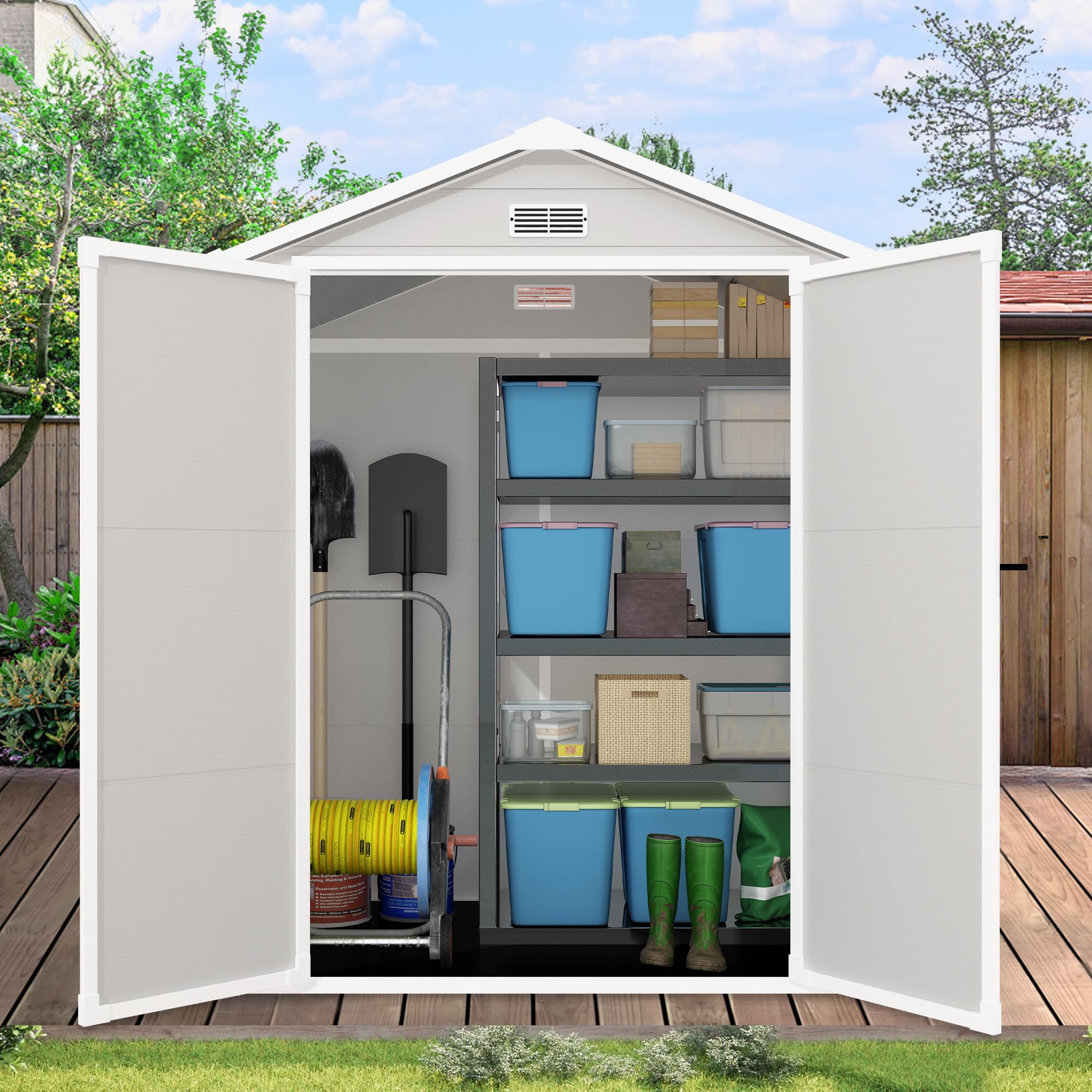 COCLUB 6x4.4FT Resin Shed Plastic Shed Outdoor Storage Shed with Floor,Resin Outdoor Shed with Window, Lockable Door Side Window, Front & Rear Vents for Garden, Backyard, Patio-Light Gray