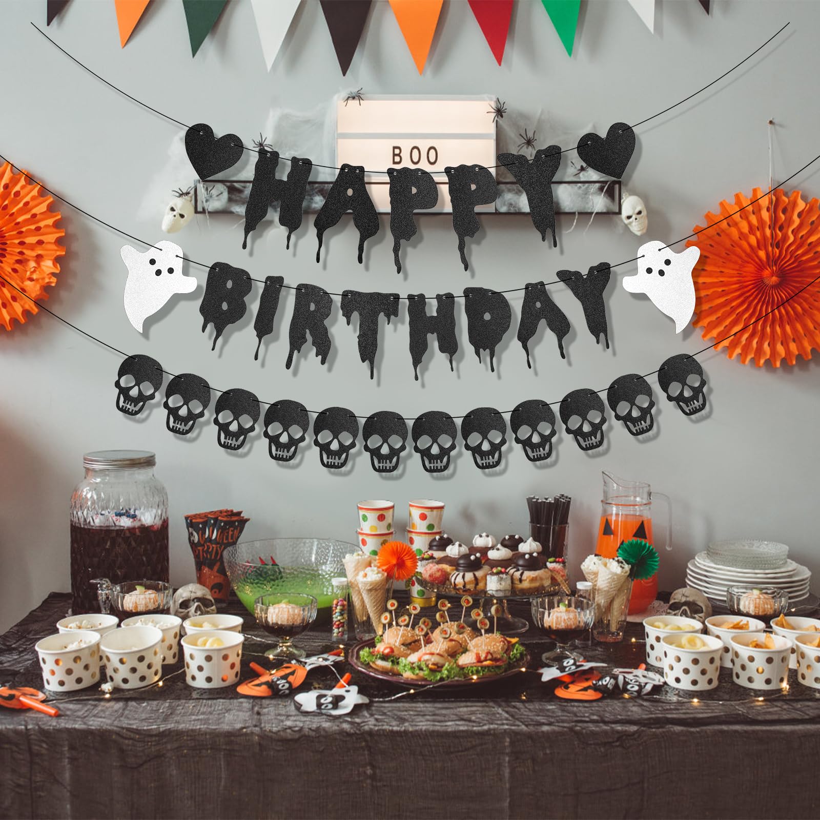 Glitter Halloween Birthday Banner, Heart Ghost Skull Halloween Happy Birthday Party Decorations Spooky Happy Birthday Garland Sign for Party Baby Shower Decor Supplies