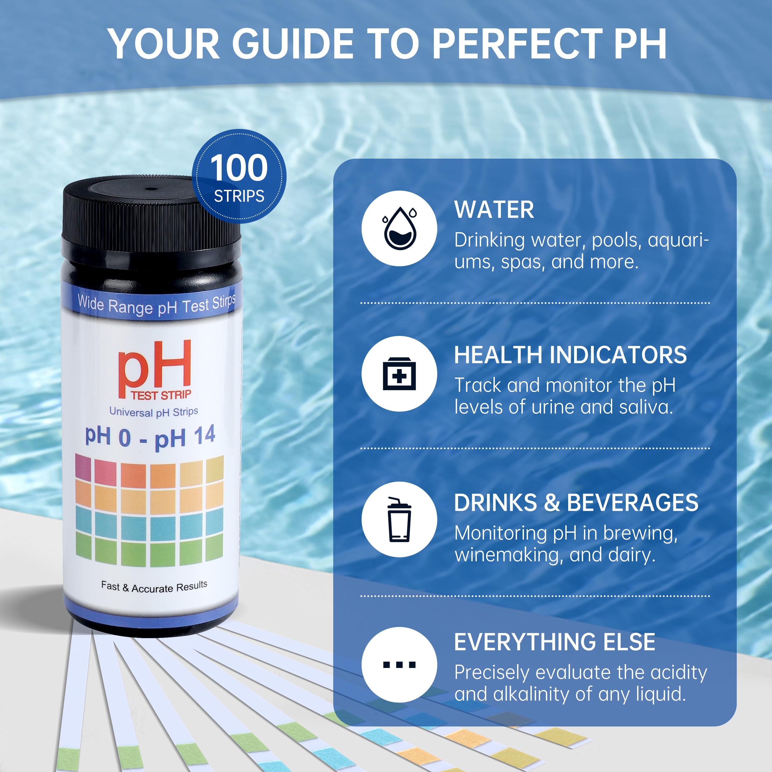 AAwipes pH Test Strips 0-14: 100 Strips Universal Litmus Paper pH Test Strips for Liquid Testing & Water & Food and Urine and Saliva, pH Level Testing from 0-14 Fast Results in Seconds (K05-100)