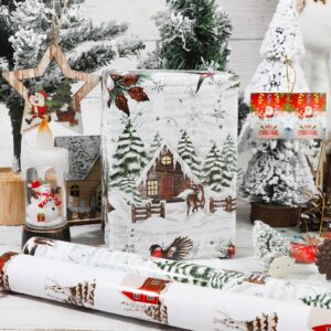 Vnaaem White Christmas Wrapping Paper Red Stripe Snowy Scene House Holiday Style Gift Wrap Paper Bulk for Winter Xmas Birthday Party - 20 X 28 Inches 8 Folded Sheets