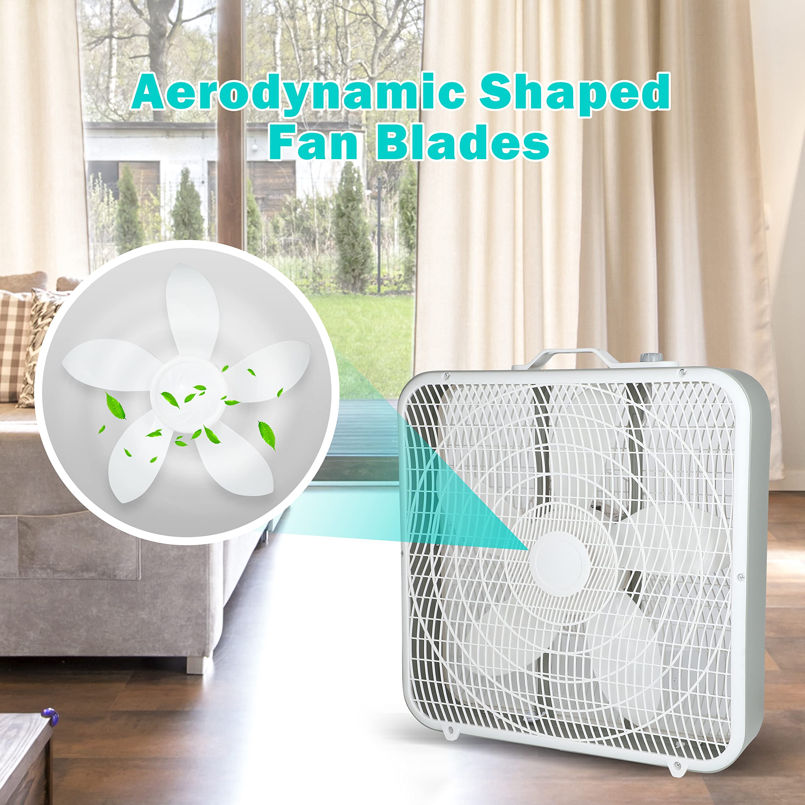 Simple Deluxe 20” Box Floor Fan, 3-Speed Cooling Fan with Aerodynamic Shaped Fan Blades, Convenient Carry Handle and Safety Grills, White