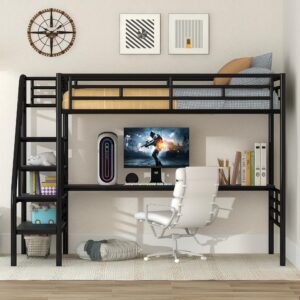 Twin Loft Bed with Desk and Storage Stairs, Heavy Duty Loft Bed with Atairs and Full-Length Guardrail, Twin Loft Bed for Kids, Teens(Black Loft Bed Twin Size)