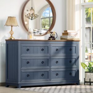 joaxswe 6 drawers dresser for bedroom, farmhouse 58 inch wide wood dresser chest of drawers, vintage design tv stand, rustic storage dressers organizer for bedroom, living room, hallway - navy blue