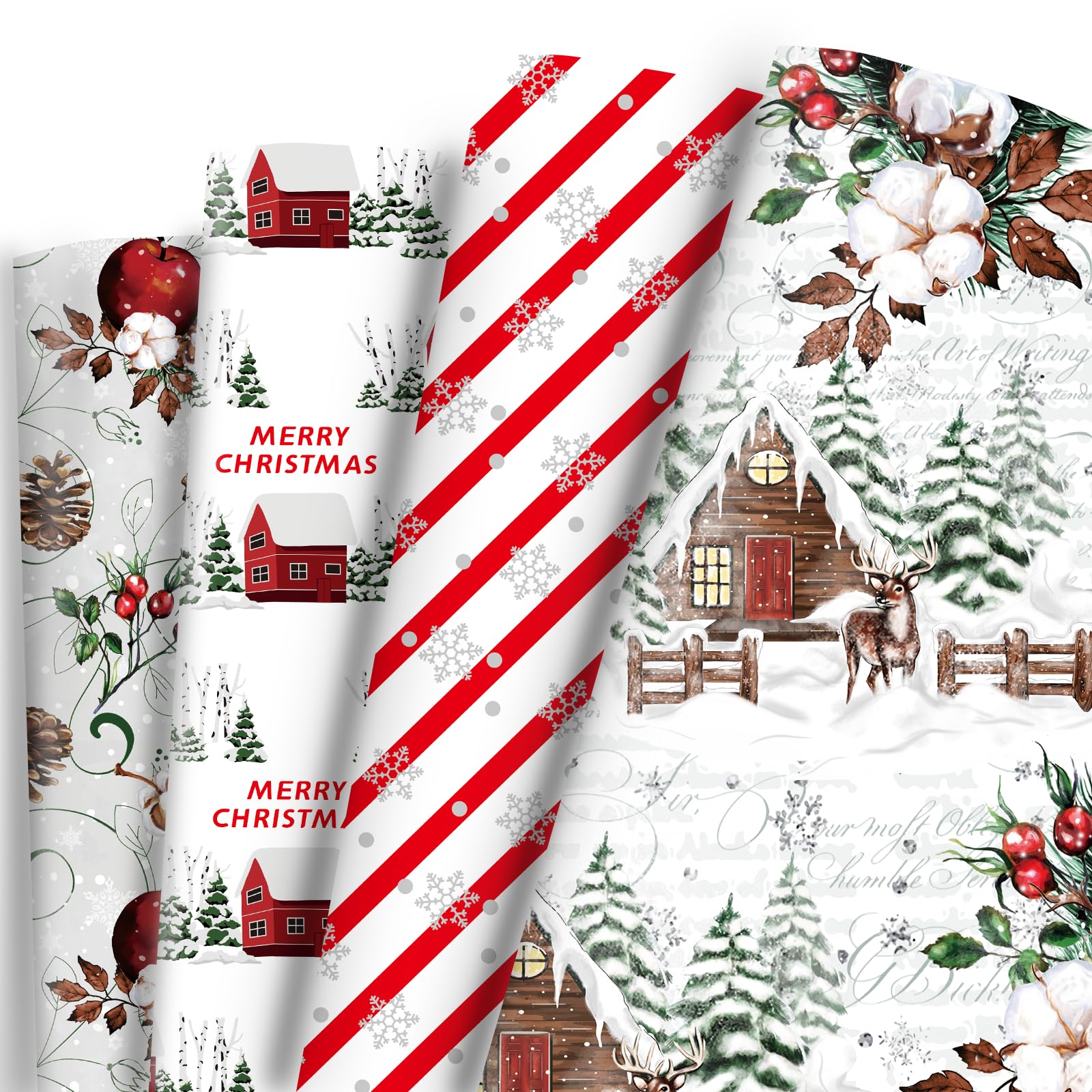 Vnaaem White Christmas Wrapping Paper Red Stripe Snowy Scene House Holiday Style Gift Wrap Paper Bulk for Winter Xmas Birthday Party - 20 X 28 Inches 8 Folded Sheets