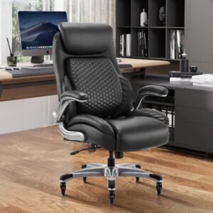 Office Chair Ergonomic Desk Chair with Pop-Out Lumbar Support, High Back Executive Chair, Upgraded Casters, Adjustable Headrest, Flip-Up Arms, Leather Home Chair with Thick Cushion for Comfort-Black