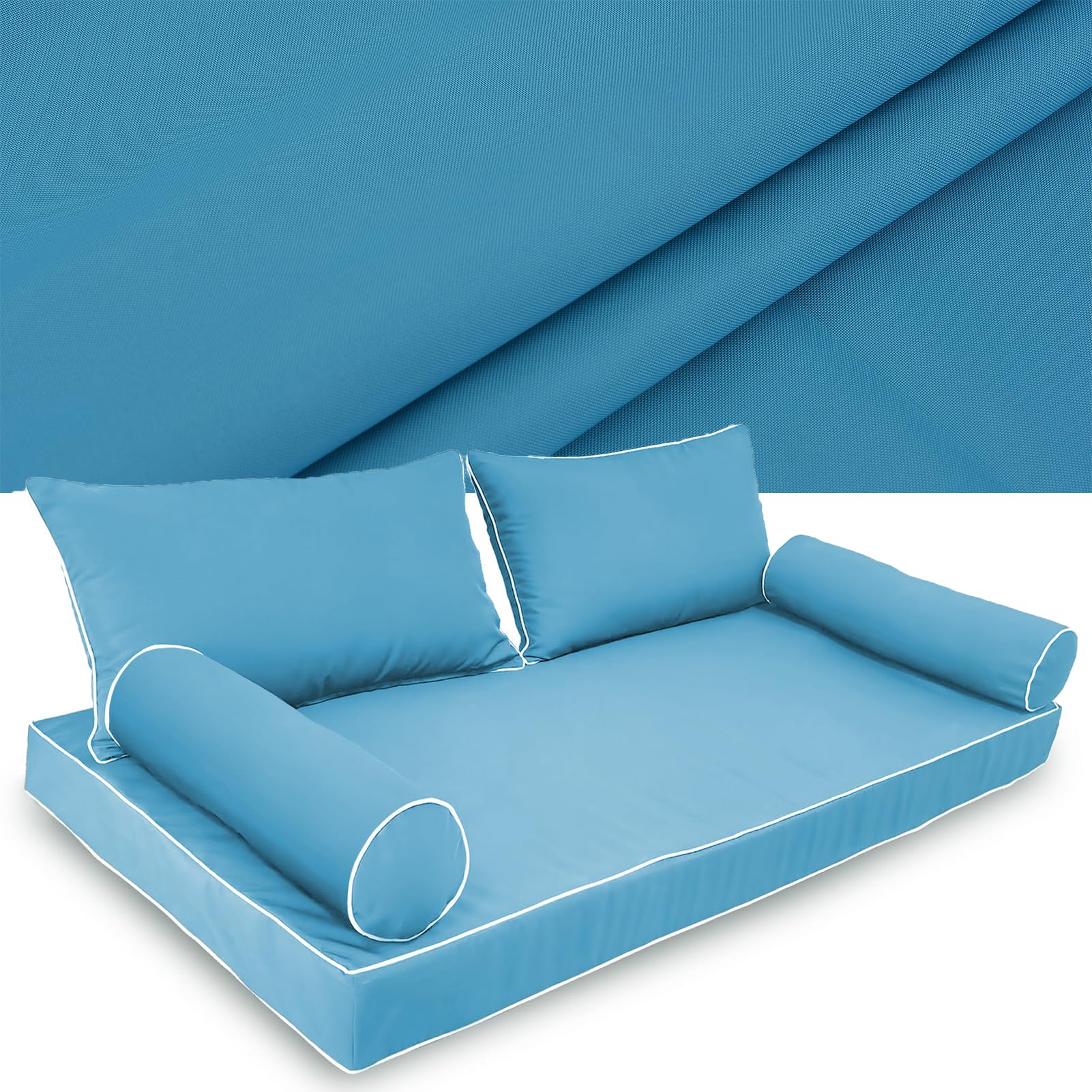 SOWINOS |Cover ONLY| Outdoor Style Daybed Cushion Cover Set, Water-Resistant Twin Triple with Piped Edges Swing Mattress Bolster Pillow Fitted Sheet Cover, Sky Blue