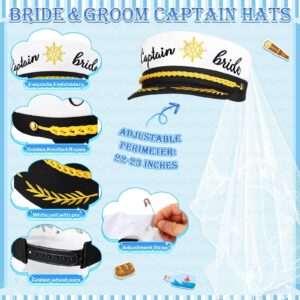 JaGely 4 Pcs Bachelor Bachelorette Party Accessories Groom Bride Captain Hat with Veil Groom Bride Sash for Bridal Shower(Elegant)