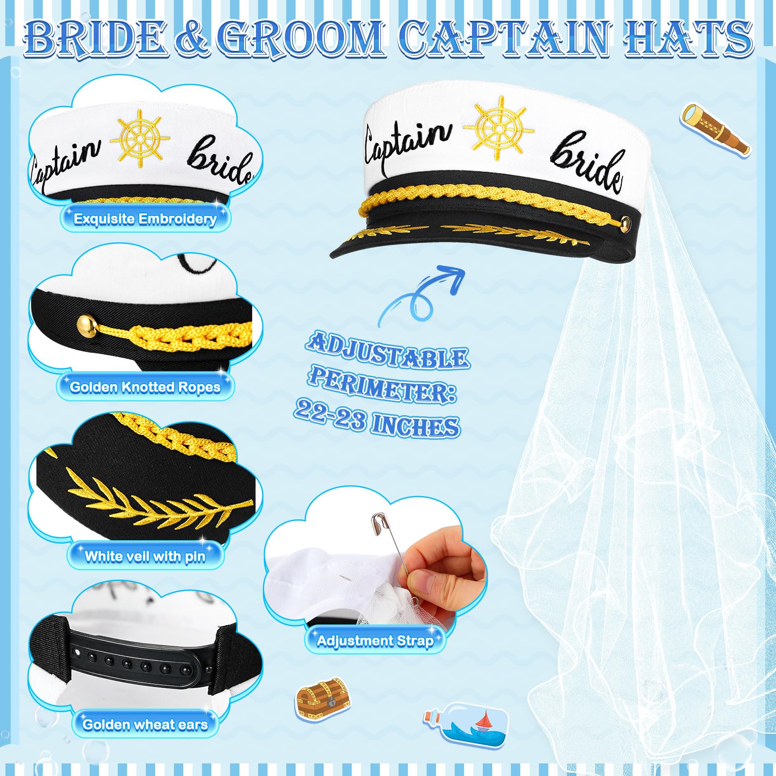 JaGely 4 Pcs Bachelor Bachelorette Party Accessories Groom Bride Captain Hat with Veil Groom Bride Sash for Bridal Shower(Elegant)