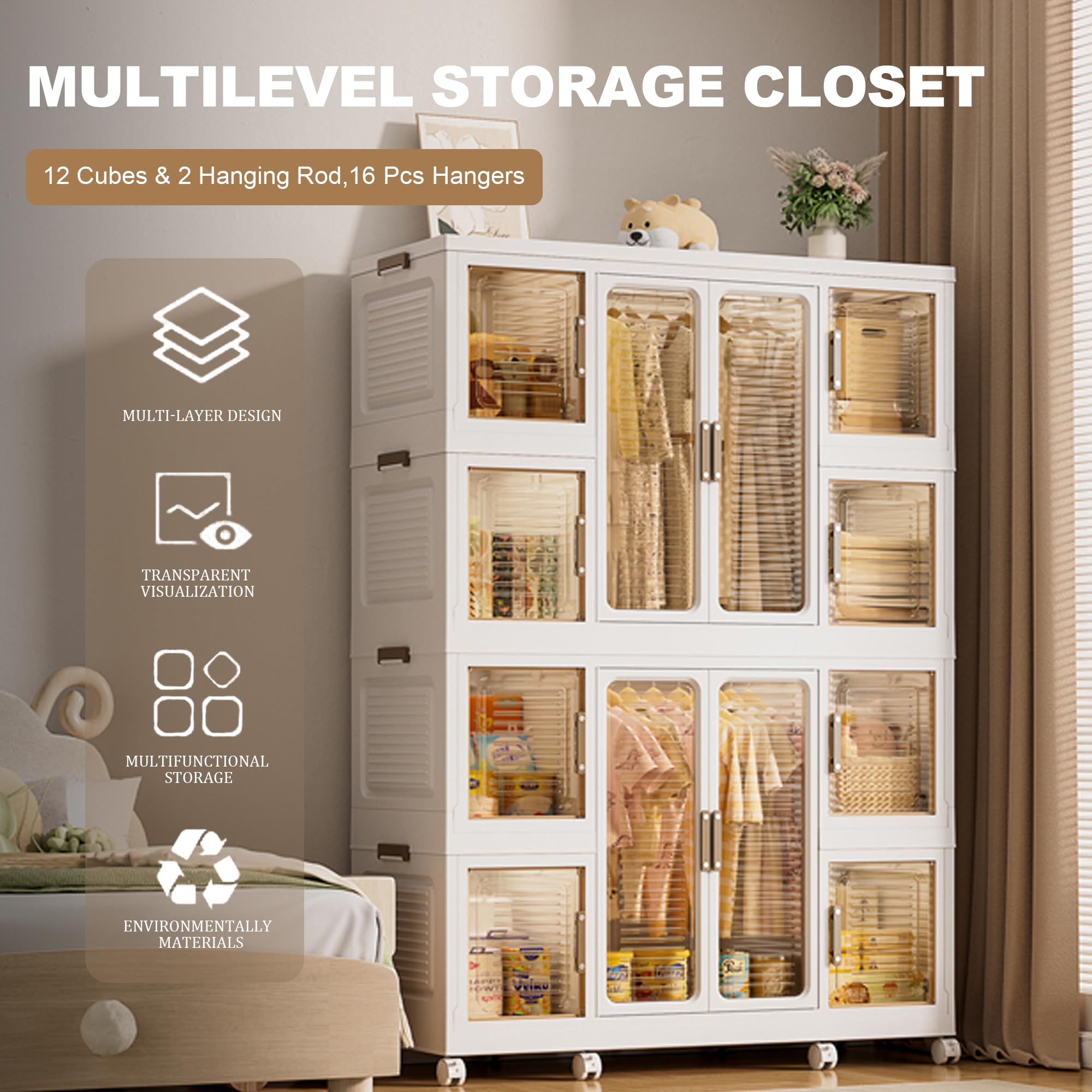 Leavader Portable Wardrobe Closet Storage Organizer with Magnetic Transparent Doors, Plastic Wardrobe Storage Cabinet for Living Room, Bedroom, Quick Assembly (8 Cubes + 2 Hanging Rod)