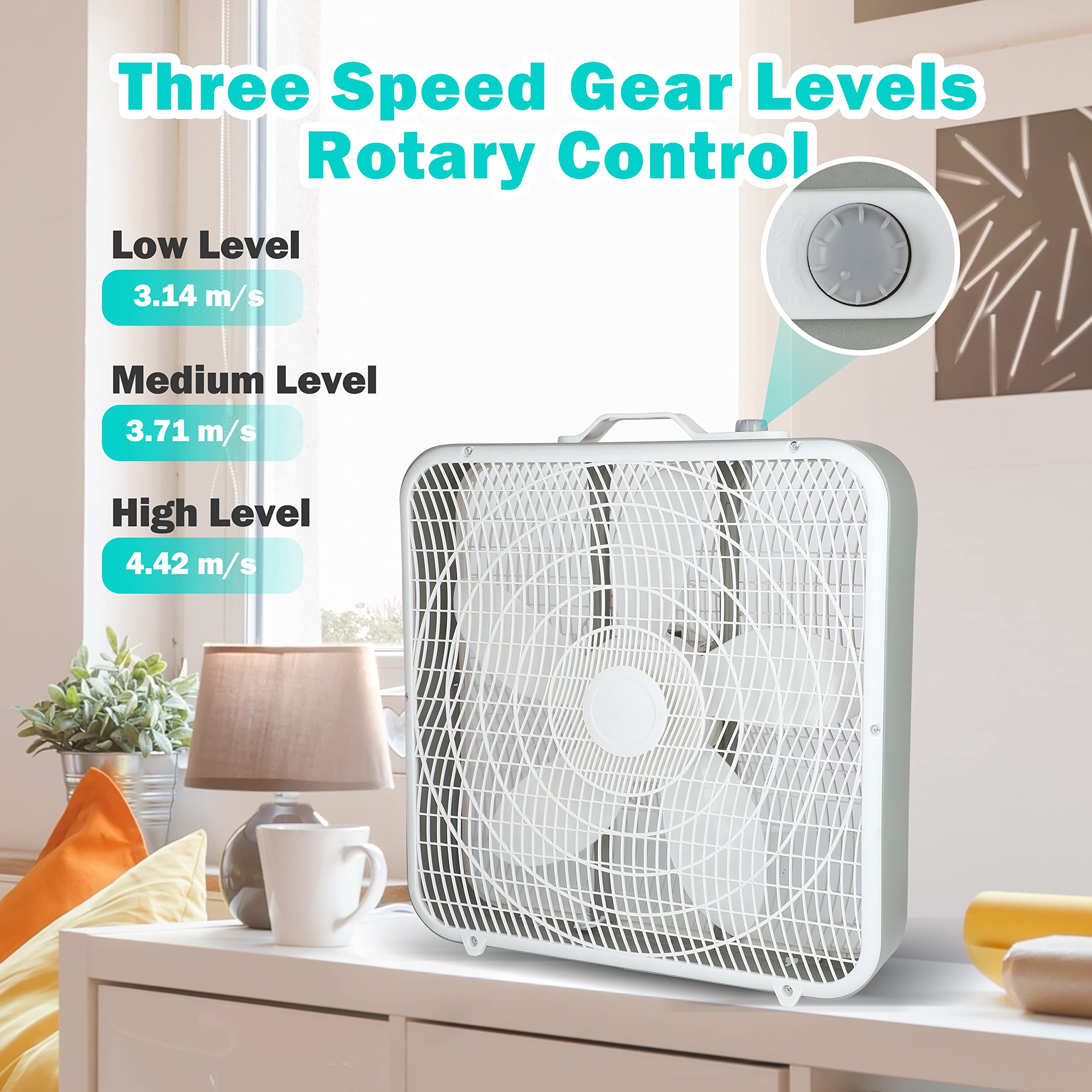 Simple Deluxe 20” Box Floor Fan, 3-Speed Cooling Fan with Aerodynamic Shaped Fan Blades, Convenient Carry Handle and Safety Grills, White