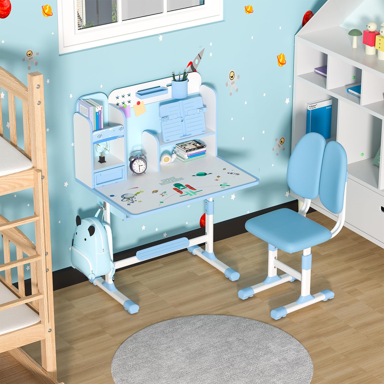 Frogued Children's Adjustable Study Desk and Chair Set, Height Adjustable Kids Study Table Chair Set with Astronaut Pattern, Ergonomic Writing Desk with Storage Drawer and Bookshelf (Upgraded Blue)