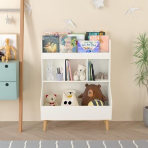 BAOMKONG Toy Storage Organizer, Kids Bookshelf and Bookcase with Solid Wood Legs, Multifunctional Bookshelf with Storage, Children Bookcase for Kids Room, Living Room, Nursery, White