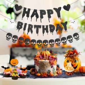 Glitter Halloween Birthday Banner, Heart Ghost Skull Halloween Happy Birthday Party Decorations Spooky Happy Birthday Garland Sign for Party Baby Shower Decor Supplies