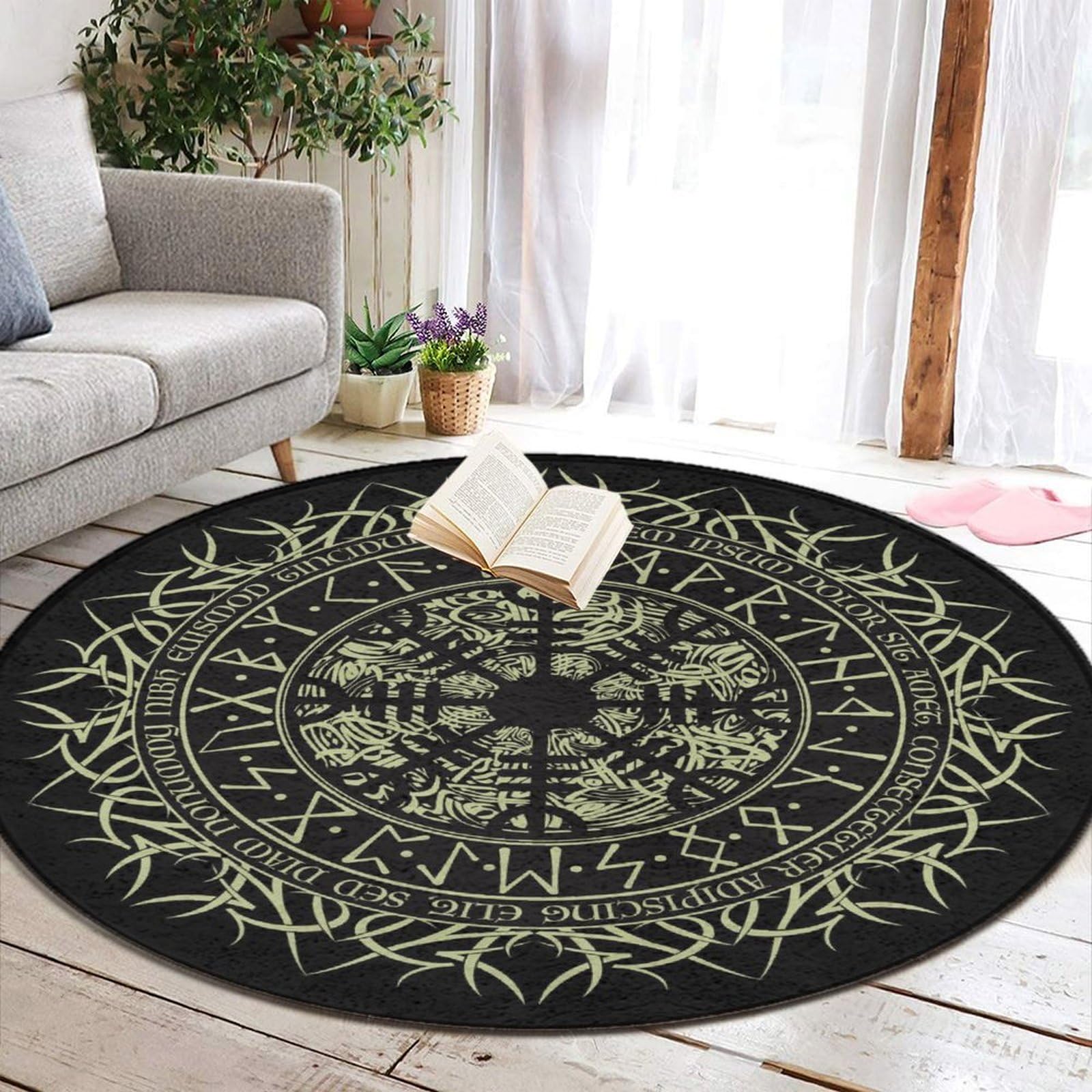 Washable Round Rug Circle Area Rugs for Bedroom Entryway Non Slip Carpet for Living Room Coffee Table Kitchen (Norse Viking Vegvisir Runic Compass)