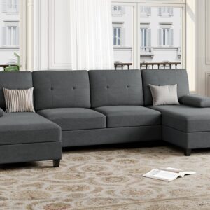 JAMFLY Sectional Sofa Couches for Living Room, Living Room Furniture Sets Clearance, 4 Seat U Shaped Sofa Sectional Couch with Chaise, Black Grey