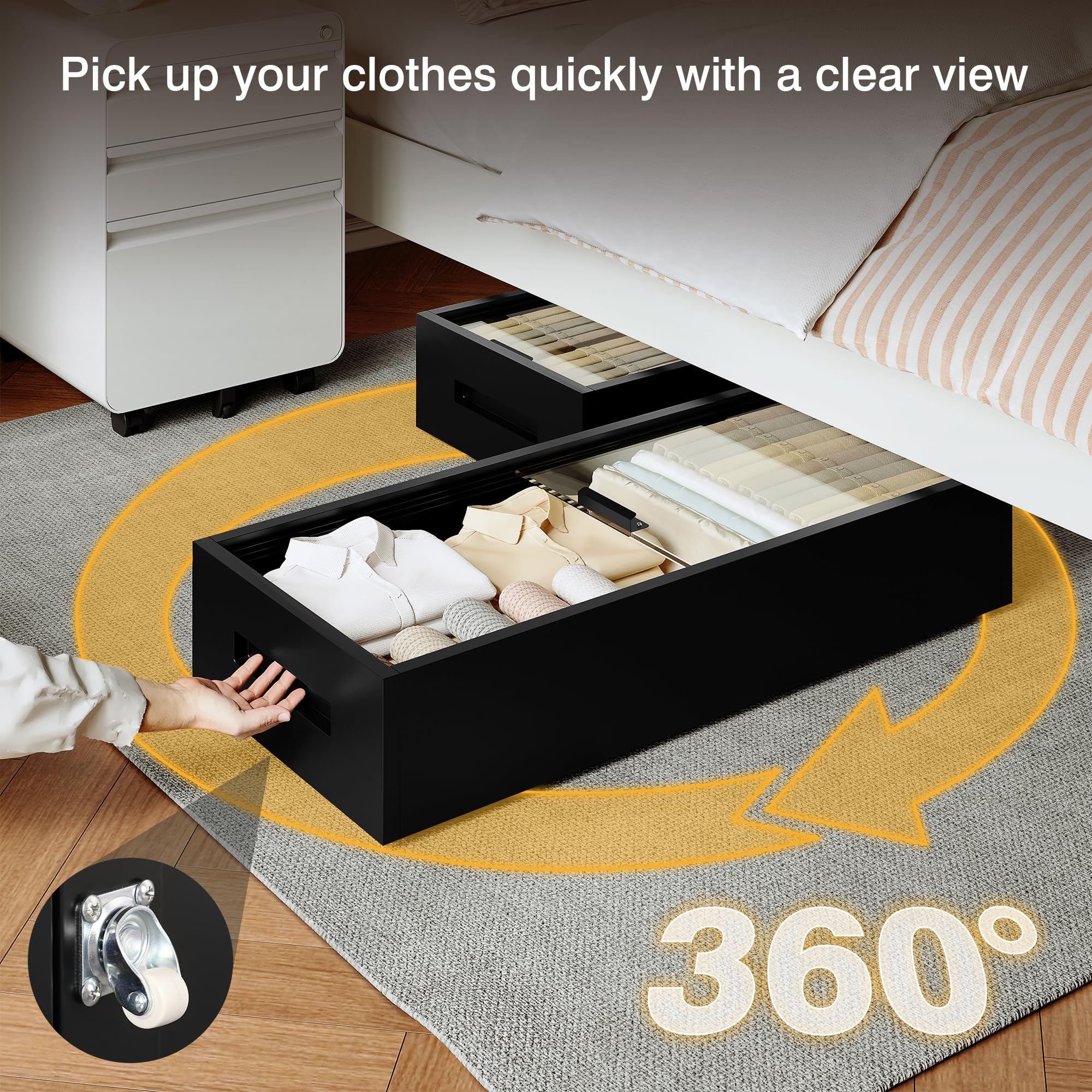 heycode Under Bed Storage with Wheel,Large Under Bed Clothe Storage Box with Clear Glass Lids,Rolling Under Bed Metal Drawer for Clothes,Shoes,Toys,Books,Bedding