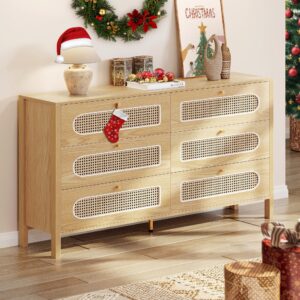 dwvo natural rattan 6 drawer dressers - oak wooden dresser chest of drawers with golden handles - modern large closet boho dressers storage cabinet for living room/hallway/entryway