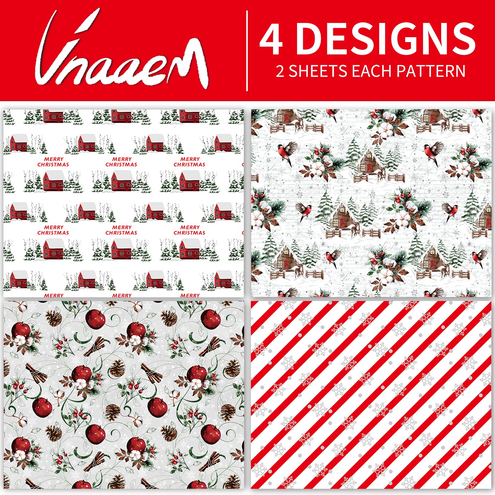 Vnaaem White Christmas Wrapping Paper Red Stripe Snowy Scene House Holiday Style Gift Wrap Paper Bulk for Winter Xmas Birthday Party - 20 X 28 Inches 8 Folded Sheets