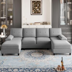 Shintenchi Sectional Couches for Living Room, U Shaped Sofa Couch with Double Chaise, 4-Seat Living Room Furniture Sets with Soft Cushion & Linen Fabric, Light Grey