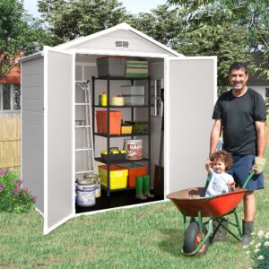 COCLUB 6x4.4FT Resin Shed Plastic Shed Outdoor Storage Shed with Floor,Resin Outdoor Shed with Window, Lockable Door Side Window, Front & Rear Vents for Garden, Backyard, Patio-Light Gray