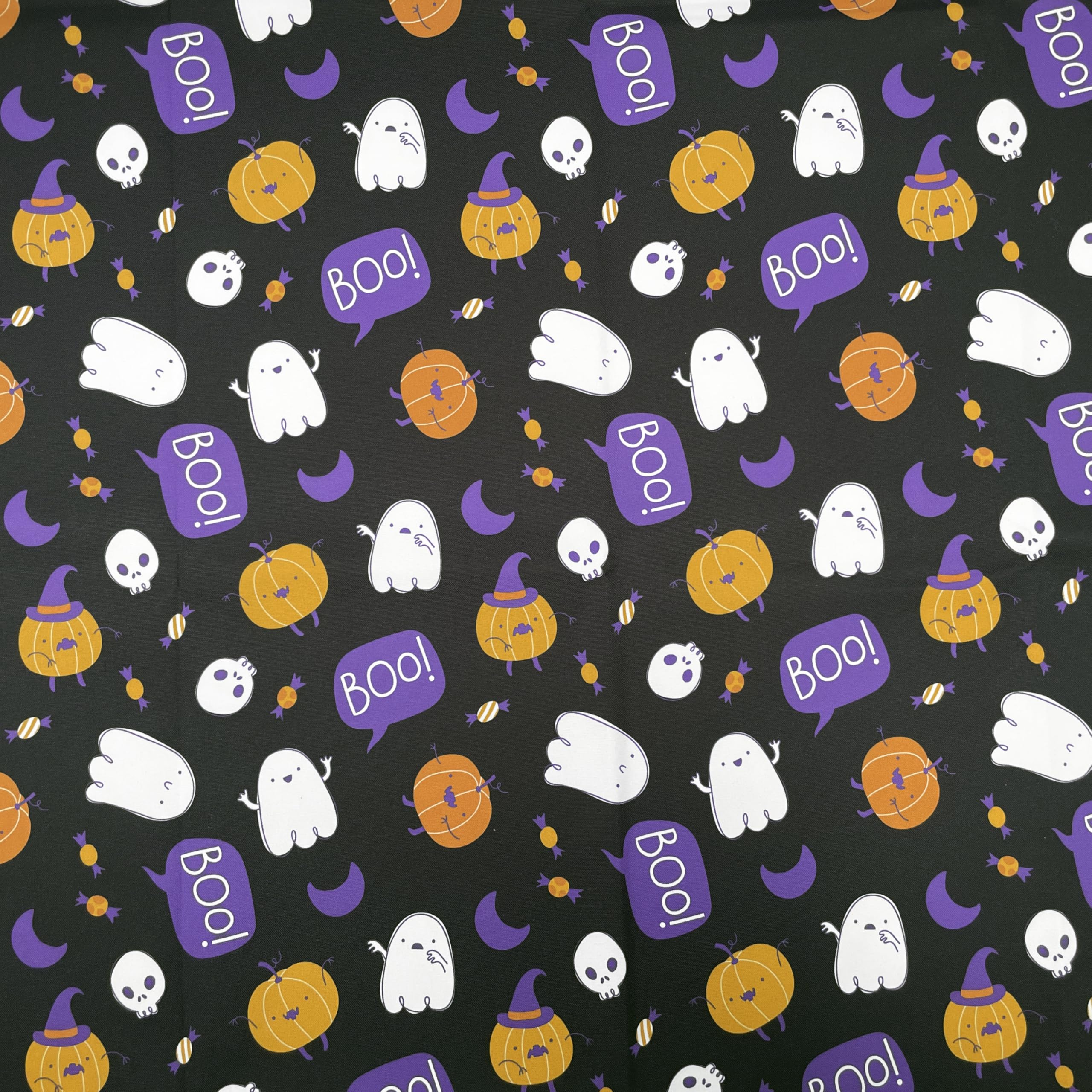 VIZALO Halloween Theme Digital Print 300D Water Repellent 54" Wide Polyester Woven Fabric with Pumpkin Boo Moon Skull for Decorations, patchworks, Trick or Treat Bags, Upholstery. (1 Yard, Black Boo)