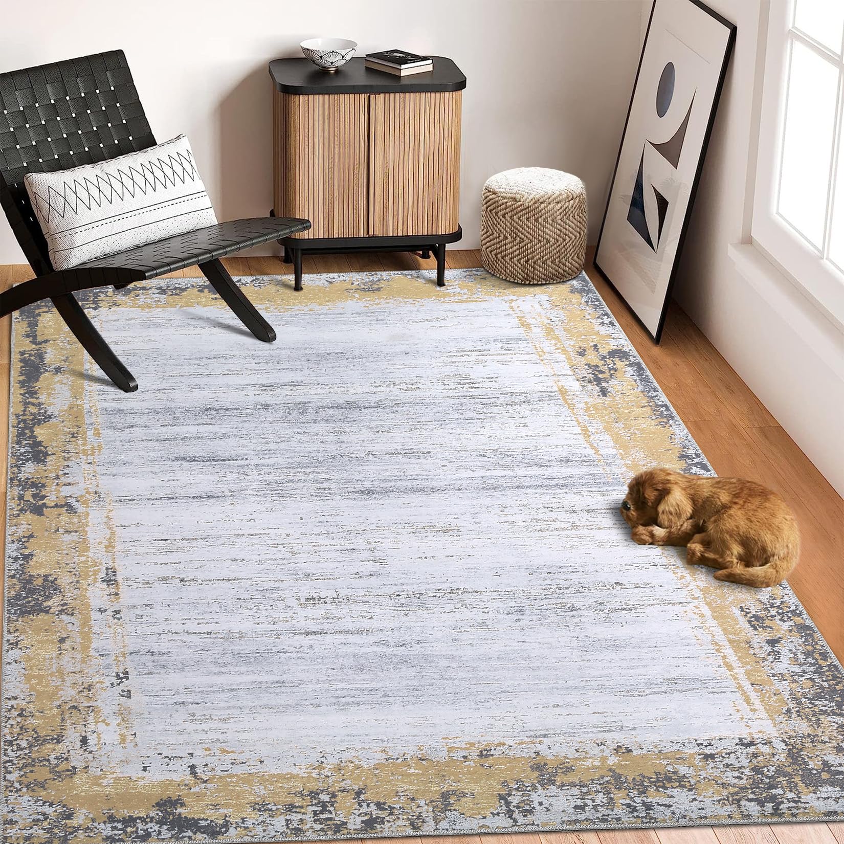 MilleLoom Large Rug 9x12 Washable Rugs Solid Livingroom Rugs Bordered Rugs Modern Geometric Neutral Rug, Stain-Resistant Non-Slip Rugs for Living Room Farmhouse Soft Foldable Area Rug 9x12,Yellow