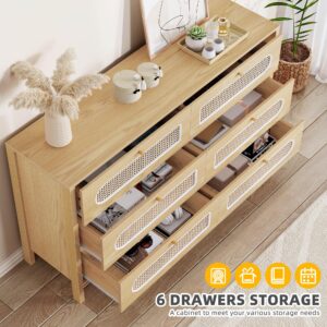 DWVO Natural Rattan 6 Drawer Dressers - Oak Wooden Dresser Chest of Drawers with Golden Handles - Modern Large Closet Boho Dressers Storage Cabinet for Living Room/Hallway/Entryway