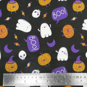 VIZALO Halloween Theme Digital Print 300D Water Repellent 54" Wide Polyester Woven Fabric with Pumpkin Boo Moon Skull for Decorations, patchworks, Trick or Treat Bags, Upholstery. (1 Yard, Black Boo)