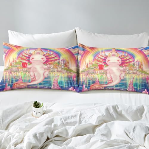 Feelyou Cartoon Axolotl Duvet Cover Ocean Animal Bedding Set for Kids Boys Girls Rainbow Castle Comforter Cover Cute Sea Animal Bedspread Cover with 1 Pillowcase 2Pcs Bedding Toddler,No Comforter