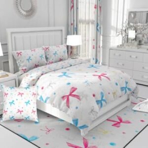 jejeloiu Girls Bowknot Duvet Cover Set 100% Cotton Twin Size Kids Dreamy Princess Style Bedding Set Teens Girly Colorful Kawaii Comforter Cover Super Soft Blue Pink Cotton Duvet Cover 2Pcs