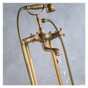 antique brass floor mounted bathtub shower faucet， dual handle standing bathroom faucet ，brass swivel spout 150cm shower hose,kitchen sink faucet