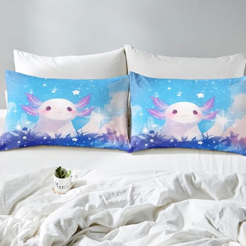 Feelyou Kids Cute Axolotl Bedding Set Twin Size, Galaxy Duvet Cover Cartoon Salamander Comforter Cover Boys Girls Glitter Rainbow Teens Bedspread Cover Bedroom Decor Zipper (No Comforter)