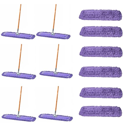 Tidy Tools 24 Inch Purple Dust Mop with Wood Handle and 24 Inch Purple Dust Mop Refill Bundle - 6 Mop Sets and 6 Refills