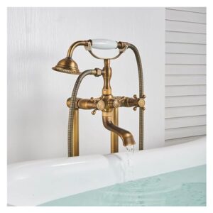 Antique Brass Floor Mounted Bathtub Shower Faucet， Dual Handle Standing Bathroom Faucet ，Brass Swivel Spout 150cm Shower Hose,Kitchen Sink Faucet