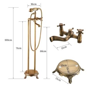 Antique Brass Floor Mounted Bathtub Shower Faucet， Dual Handle Standing Bathroom Faucet ，Brass Swivel Spout 150cm Shower Hose,Kitchen Sink Faucet