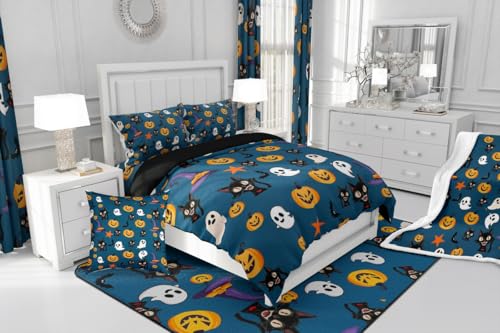 Feelyou Halloween Theme Duvet Cover Horror Pumkin Bedding Set for Kids Boys Girls Cute Ghost Comforter Cover Black Cats Bats Bedspread Cover Bedroom Collection 2Pcs Toddler Size,No Comforter