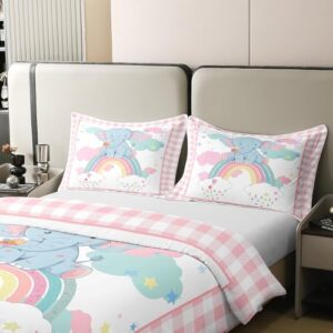 jejeloiu Cartoon Elephant Bedding Set Rainbow Print Comforter Cover Twin Size for Kids Boys Cute Animal Duvet Cover Set 100% Cotton Star Clouds Down Cotton Duvet Cover 2Pcs Pink White Plaid Girls