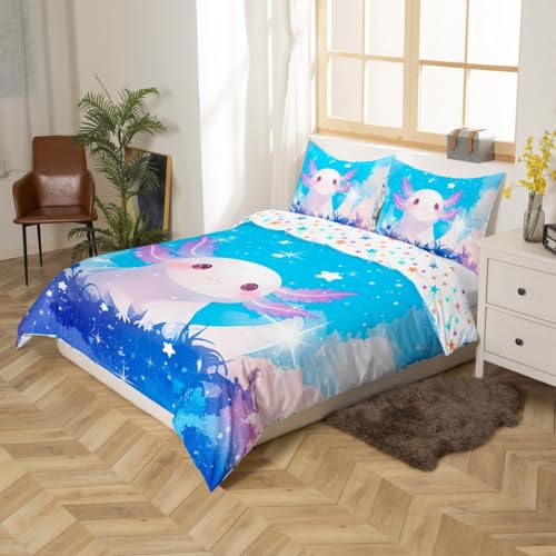 Feelyou Kids Cute Axolotl Bedding Set Twin Size, Galaxy Duvet Cover Cartoon Salamander Comforter Cover Boys Girls Glitter Rainbow Teens Bedspread Cover Bedroom Decor Zipper (No Comforter)