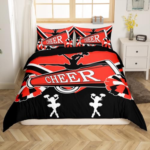 Erosebridal Cute Cheerleader Bedding Full Size Black and Red Duvet Cover, Cheerleading Comforter Cover Dancer Theme Bed Set, Cheerleading Dance Quilt Cover for Girls Bedroom Decor