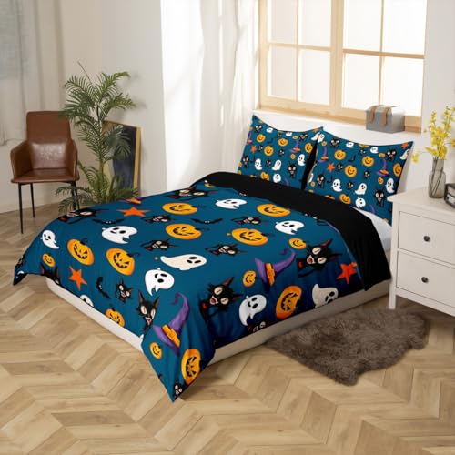 Feelyou Halloween Theme Duvet Cover Horror Pumkin Bedding Set for Kids Boys Girls Cute Ghost Comforter Cover Black Cats Bats Bedspread Cover Bedroom Collection 2Pcs Toddler Size,No Comforter